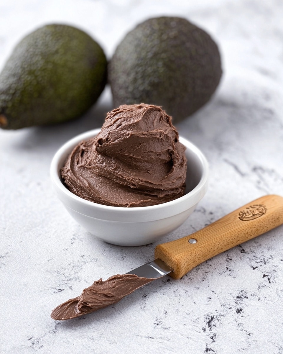 A small white bowl filled with two large scoops of thick, creamy chocolate spread sits on a white marbled surface. Next to the bowl, there is a wooden-handled butter knife with a smooth layer of the chocolate spread on its blade. In the background, two dark green avocados with rough, bumpy skin rest slightly out of focus, adding natural color contrast. The overall look is clean and simple with soft lighting. photo taken with an iphone --ar 4:5 --v 7