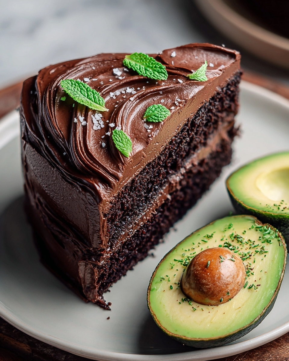 A slice of two-layer chocolate cake sits on a white plate, each layer dark and moist with a smooth, thick layer of glossy chocolate frosting between them. The top layer is covered with rich chocolate frosting spread in thick swirls, decorated with small green mint leaves and a light sprinkle of white sea salt. Next to the cake slice, there is a halved avocado with bright green flesh and dark skin, sprinkled with tiny green herbs. The plate rests on a white marbled textured surface, giving a clean and elegant feel, with soft natural light highlighting the shiny cake frosting and fresh avocado photo taken with an iphone --ar 4:5 --v 7