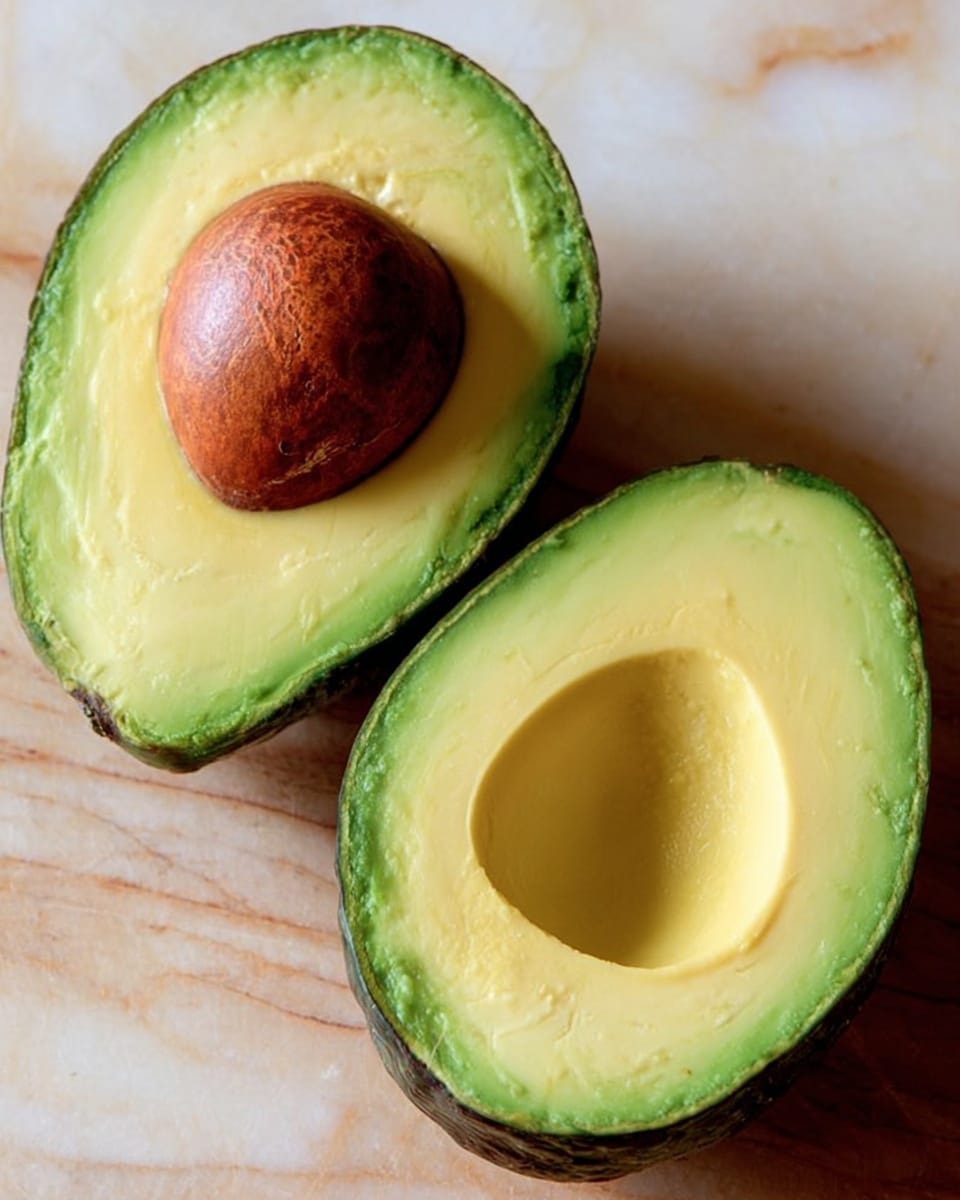 Two halves of a ripe avocado are shown on a wooden surface. The left half has a large brown seed in the middle, surrounded by smooth, creamy light green flesh with a darker green edge near the skin. The right half shows the empty seed space, revealing even, soft yellow-green flesh inside with a slightly darker green outline near the skin. The skin is dark green and rough. The background is changed to a white marbled texture. photo taken with an iphone --ar 4:5 --v 7
