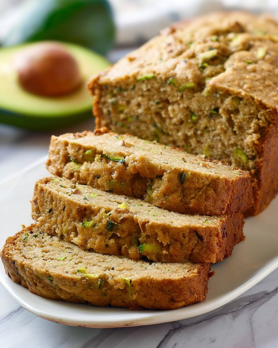 A loaf of sliced zucchini bread with a light brown, slightly rough crust and a moist, dense interior showing small green zucchini bits and tiny nut pieces throughout is arranged on a white plate, each slice stacked slightly on top of the other in a diagonal row; in the background, there is a half avocado with a visible pit, all placed on a white marbled surface. photo taken with an iphone --ar 4:5 --v 7