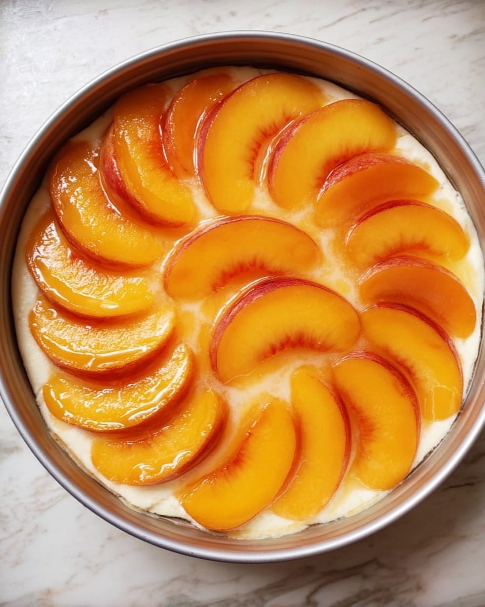 A round silver baking pan filled with a dessert showing three visible layers: the bottom layer is a creamy white base, the middle layer has a smooth pale texture, and the top layer is made of neatly arranged bright orange peach slices overlapping in a circular pattern, with a shiny glaze giving them a fresh look. The pan is placed on a white marbled surface. photo taken with an iphone --ar 4:5 --v 7