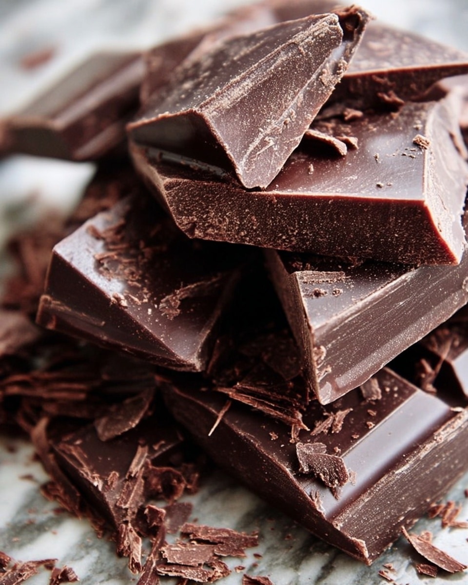 Close-up of unevenly broken dark chocolate pieces stacked on top of each other, showing smooth surfaces and rough edges with tiny chocolate curls scattered around. The chocolate pieces vary in size and thickness, with shiny and matte textures visible, all placed on a background with a white marbled texture photo taken with an iphone --ar 4:5 --v 7