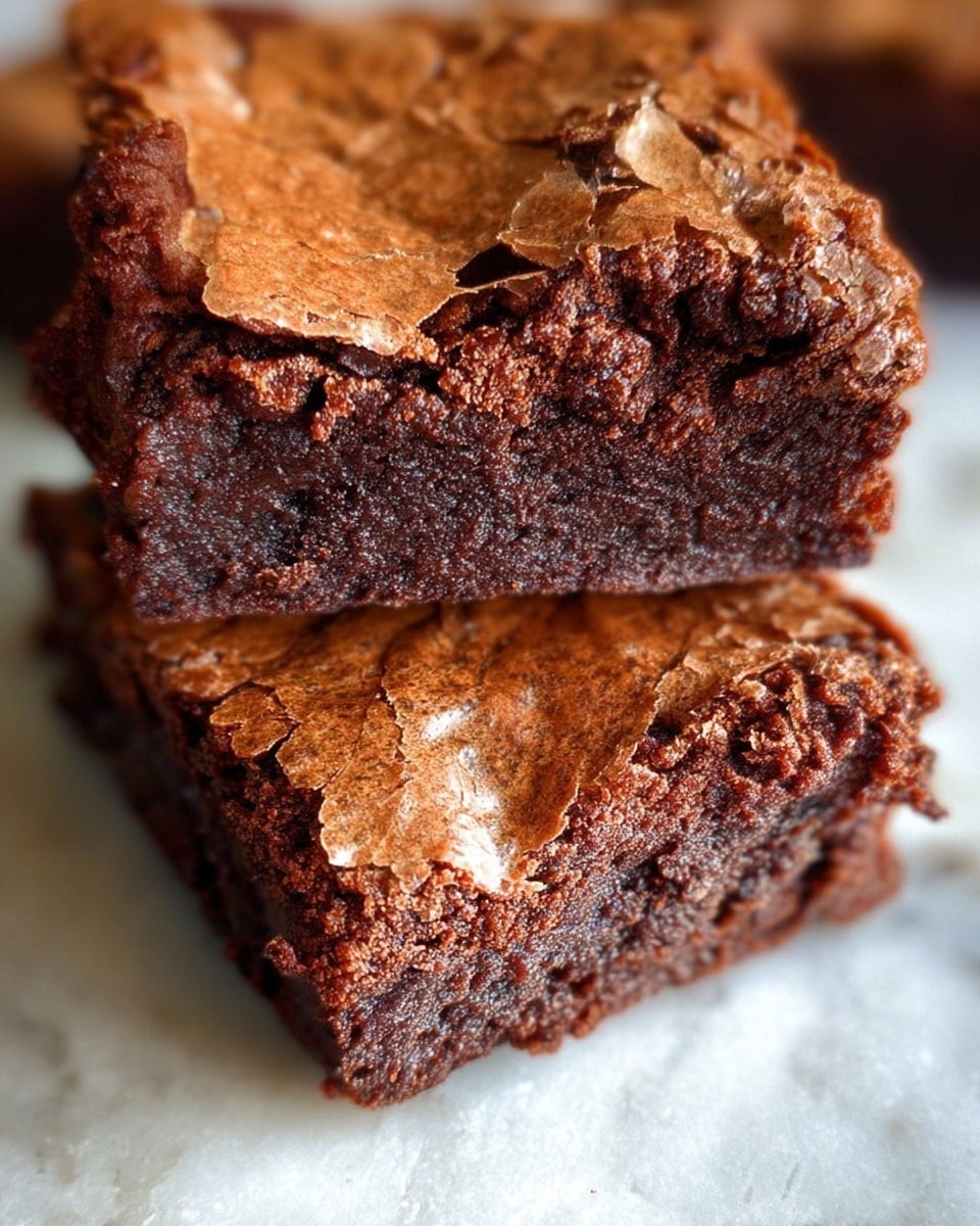Two thick chocolate brownies are shown close up on a white marbled textured surface. Each brownie has one visible layer with a cracked, shiny, light brown crust on top and a dense, rich, dark brown inside texture. The edges are sharp but the surface cracks show a slightly rough texture. Photo taken with an iphone --ar 4:5 --v 7