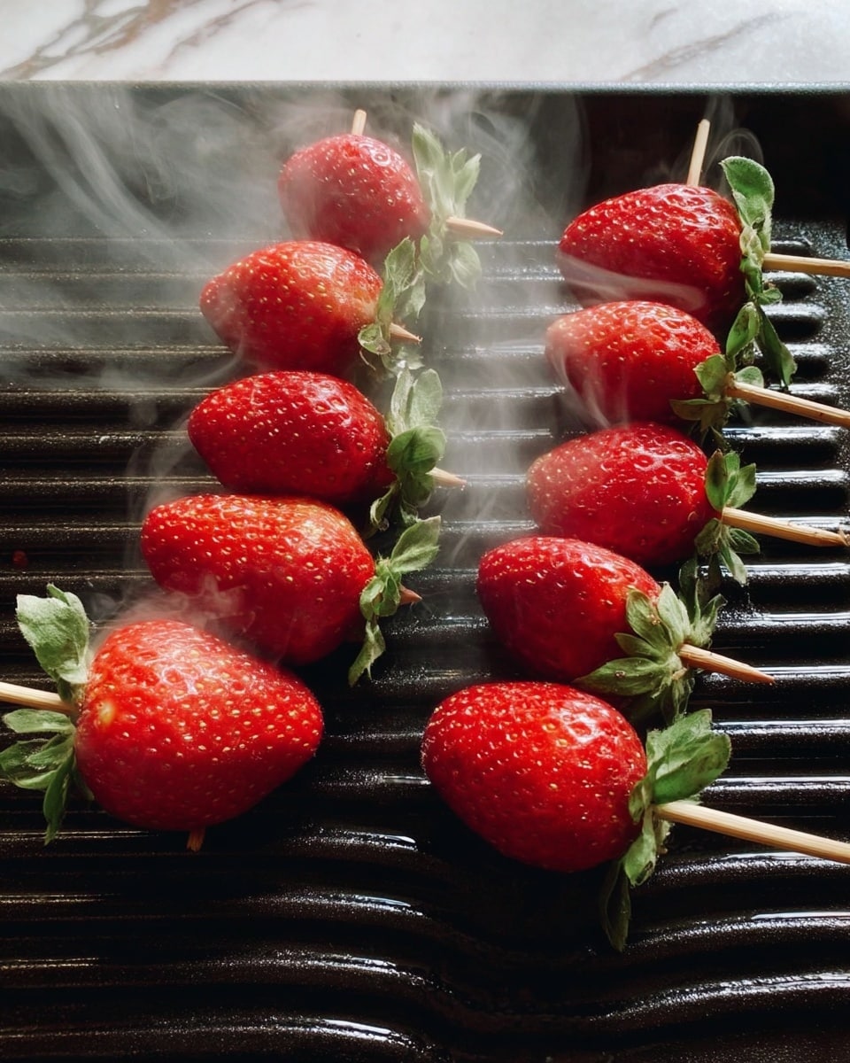 Two wooden skewers each hold five fresh red strawberries with green leaves still attached. The strawberries face in opposite directions on a black grill pan with ridges. Wisps of steam rise gently from the grill, showing the strawberries are being warmed. The surface beneath the grill is a white marbled texture. Photo taken with an iphone --ar 4:5 --v 7