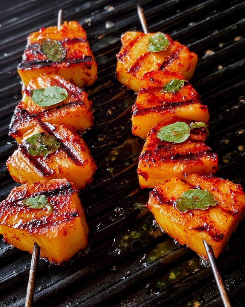 The image shows two skewers of grilled fruit, likely pineapple, with deep char marks on each piece. The fruit pieces are cut into large chunks with a vibrant orange color, some pieces have brown grill lines and slight caramelization. Small green leaves are placed between some fruit chunks on the skewers. The skewers rest on a black grill surface, which has narrow raised ridges and small droplets of liquid scattered around. The lighting highlights the juicy texture and grilled details on the fruit, making the colors look rich and warm. photo taken with an iphone --ar 4:5 --v 7