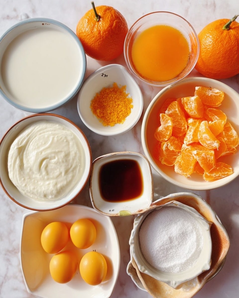 The image shows several white bowls arranged on a white marbled surface, each containing different ingredients. One large bowl holds a white liquid, likely milk, next to a bowl filled with orange liquid, possibly juice, labeled 1/2 cup. Another bowl is filled with a thick white creamy substance. There is a small bowl with orange zest, one with a dark brown liquid, and a bowl with white granulated sugar. A square white dish contains four yellow egg yolks. In the center is a bowl filled with chopped orange pieces, and three whole oranges are placed around the bowls. The scene looks bright and fresh, with all bowls and ingredients clearly visible, photo taken with an iphone --ar 4:5 --v 7