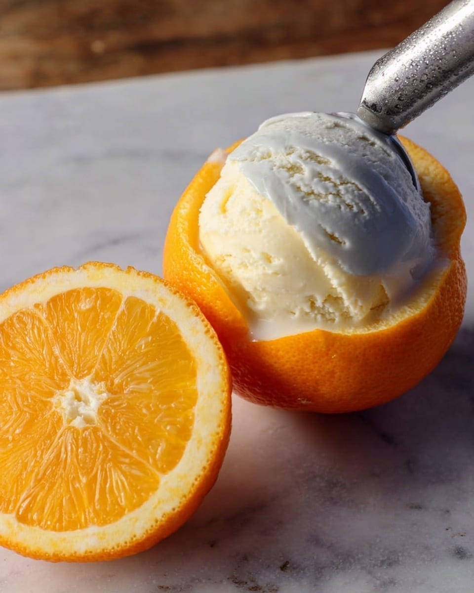 A close-up view shows a peeled orange with a layer of creamy white orange sherbet being scooped and placed on top with a silver ice cream scooper. Next to the orange is a round slice of orange with visible segments, showing a bright and juicy texture. The scene is set on a white marbled surface that adds subtle light reflections around the orange and sherbet, highlighting the fresh and smooth textures. photo taken with an iphone --ar 4:5 --v 7