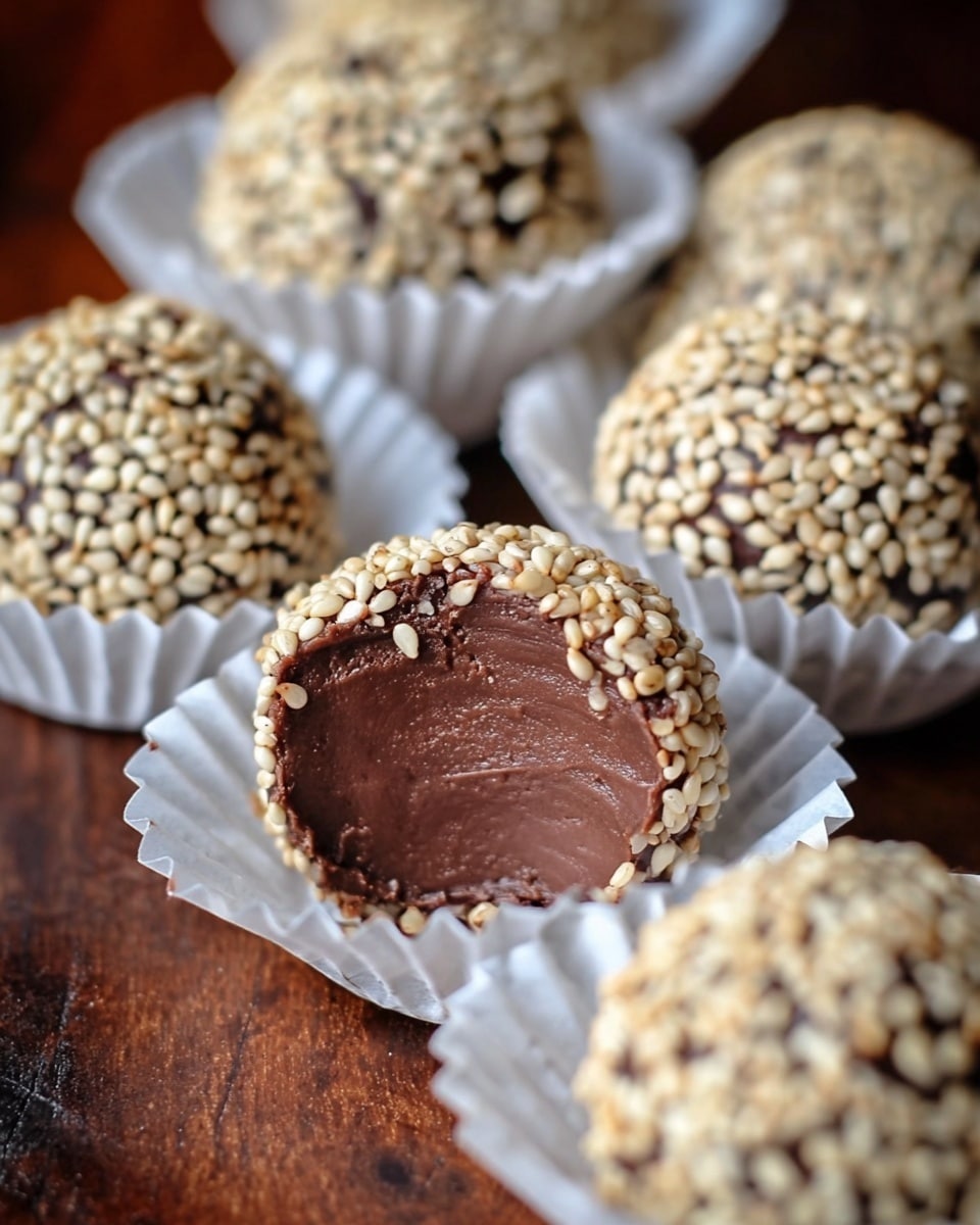 The image shows several round chocolate truffles covered evenly with light beige sesame seeds. Each truffle sits in a white, ridged paper cup. One truffle is cut open in the front, revealing a smooth, creamy, dark brown chocolate inside. The truffles are placed closely together on a dark wooden surface. The focus is on the truffle in the front, with the background softly blurred. photo taken with an iphone --ar 4:5 --v 7