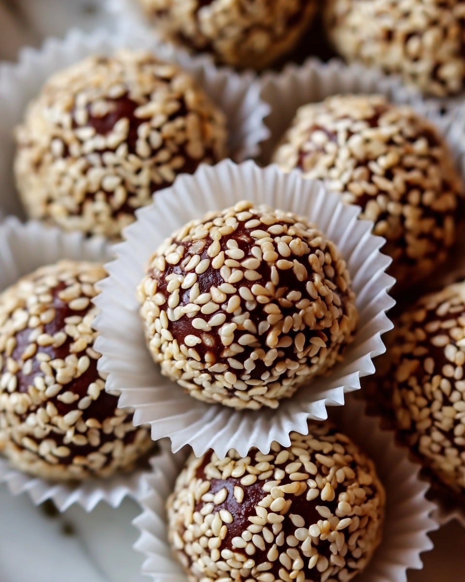 A close view shows round chocolate balls covered with light beige sesame seeds. Each ball is sitting in a white paper cup with a ruffled edge. The chocolate surface peeks through the scattered seeds, appearing dark brown and smooth under them. The balls are tightly placed close to each other, filling the whole frame. The background is a white marbled texture, softly blurred to keep the focus on the balls. photo taken with an iphone --ar 4:5 --v 7