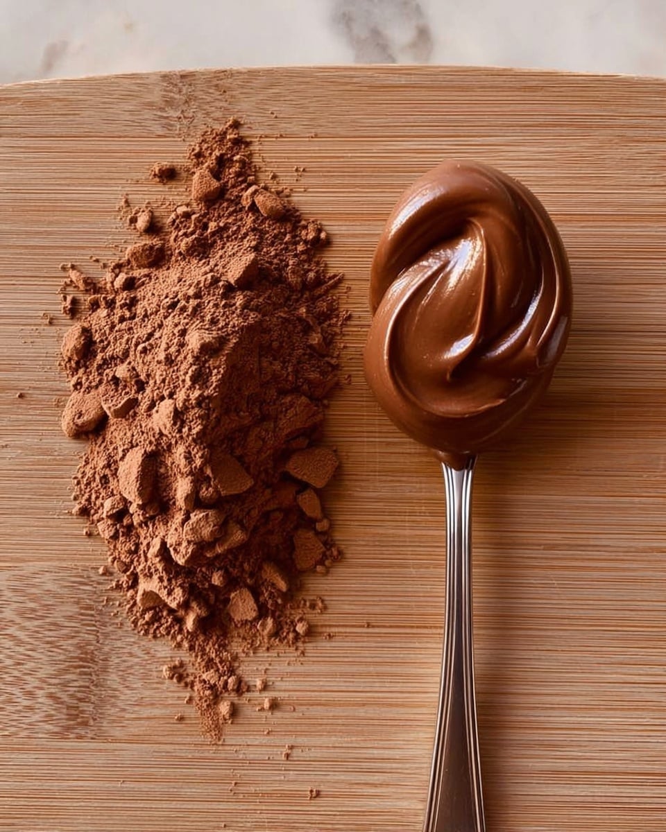 The image shows a wooden board with two main elements placed side by side: on the left, a small heap of brown cocoa powder with a rough, crumbly texture, and on the right, a silver spoon holding a smooth, shiny swirl of thick chocolate spread. The textures contrast with the powder being dry and powdery, and the spread having a glossy, creamy appearance. The background is a white marbled surface. photo taken with an iphone --ar 4:5 --v 7