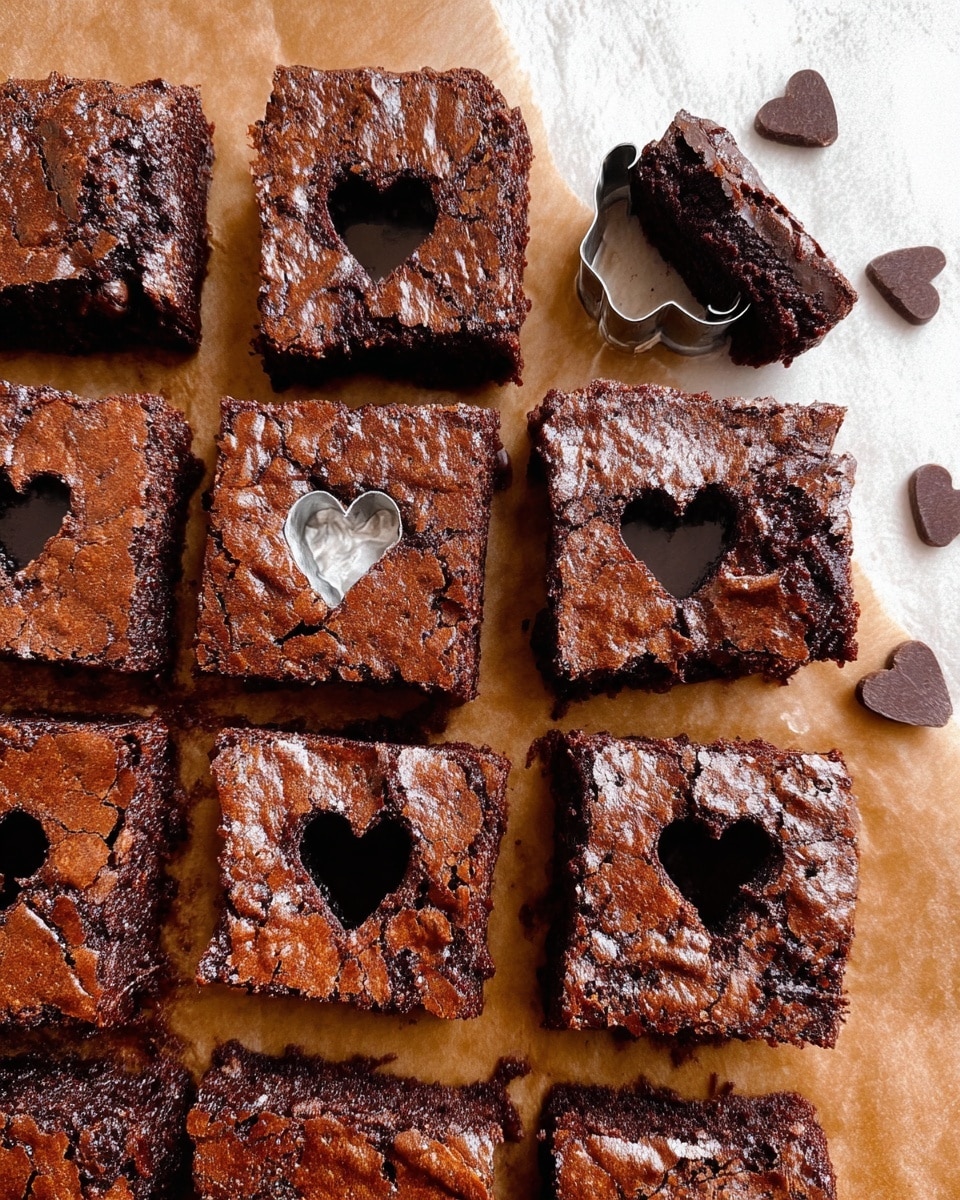 There are fifteen square brownies arranged on brown parchment paper on a white marbled surface. Each brownie has a rough, cracked top with a deep brown color and a moist inside. Five of the brownies have a small heart-shaped section cut out in the middle, showing the inside texture. One brownie near the center displays a small silver heart-shaped cookie cutter placed on top. Around the edges, there are several small heart-shaped brownie pieces. Photo taken with an iphone --ar 4:5 --v 7