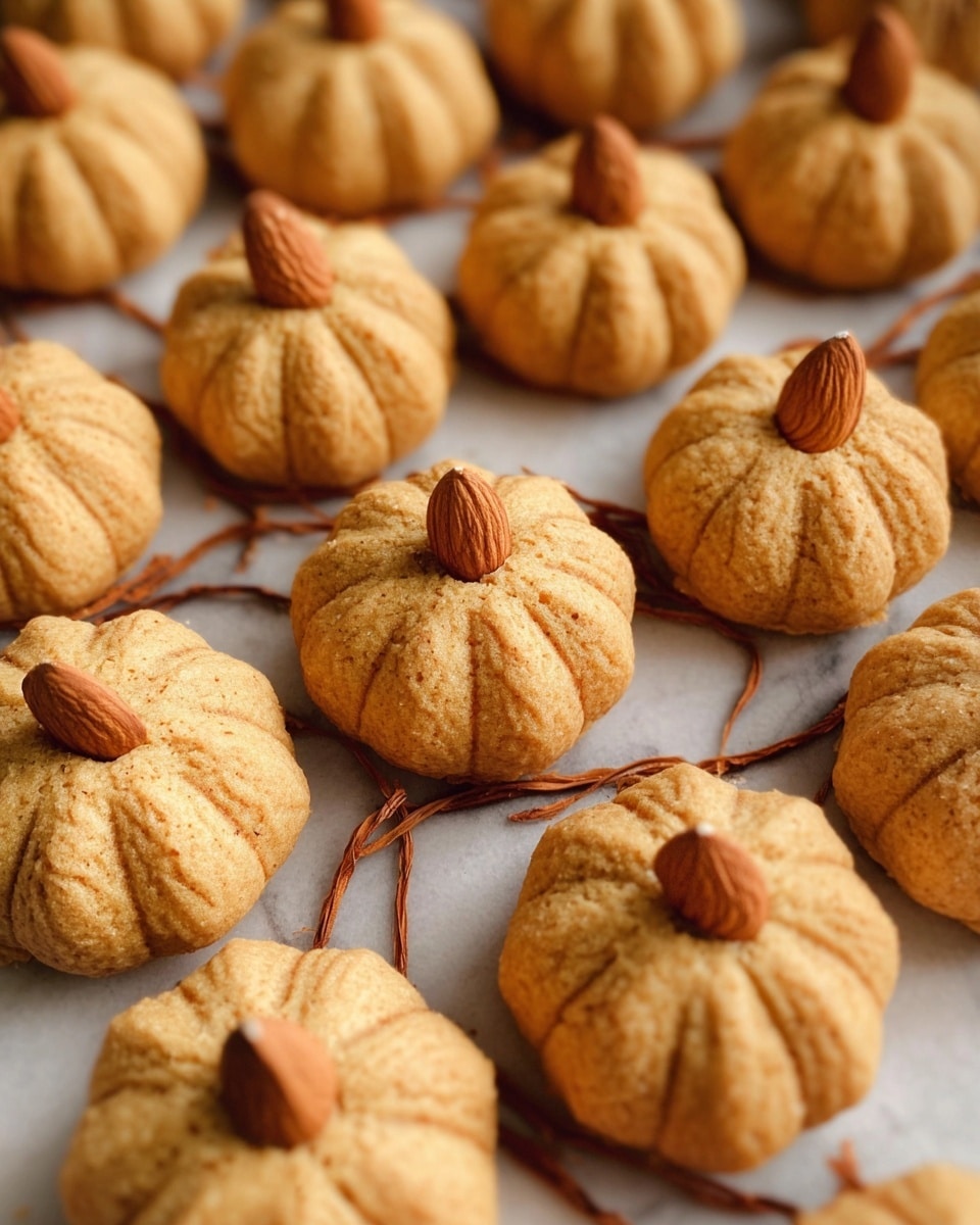 The image shows many small round sweets shaped like pumpkins, placed closely together on a white marbled surface. Each sweet has a light brown color with textured grooves that go from the top to the sides, mimicking pumpkin ridges. On the top center of each pumpkin-shaped sweet is a single almond, standing upright. Thin brown lines, resembling sticks or threads, spread across the surface under and around the sweets. The sweets create a warm, cozy, and inviting look. Photo taken with an iphone --ar 4:5 --v 7