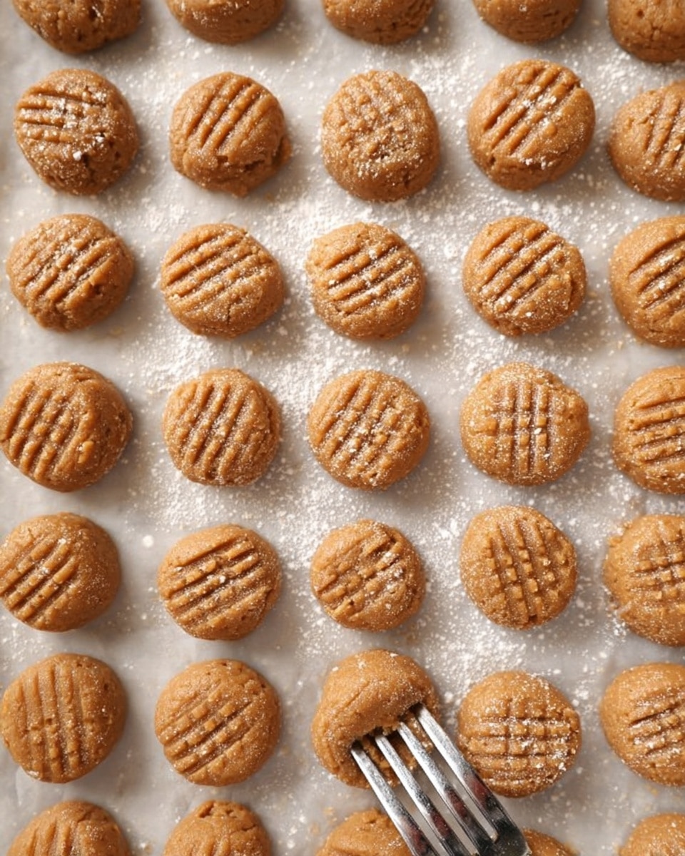The image shows several rows of round peanut butter cookie dough balls arranged evenly on a sheet of parchment paper over a white marbled surface. Each cookie dough ball has a crisscross pattern pressed on top, made by a silver fork that is placed diagonally across the lower right section of the image. The dough is light brown with a slightly rough texture, and the parchment paper underneath is lightly dusted with white flour or sugar. The cookies are arranged in six columns and seven rows, all similar in size and shape. Photo taken with an iphone --ar 4:5 --v 7