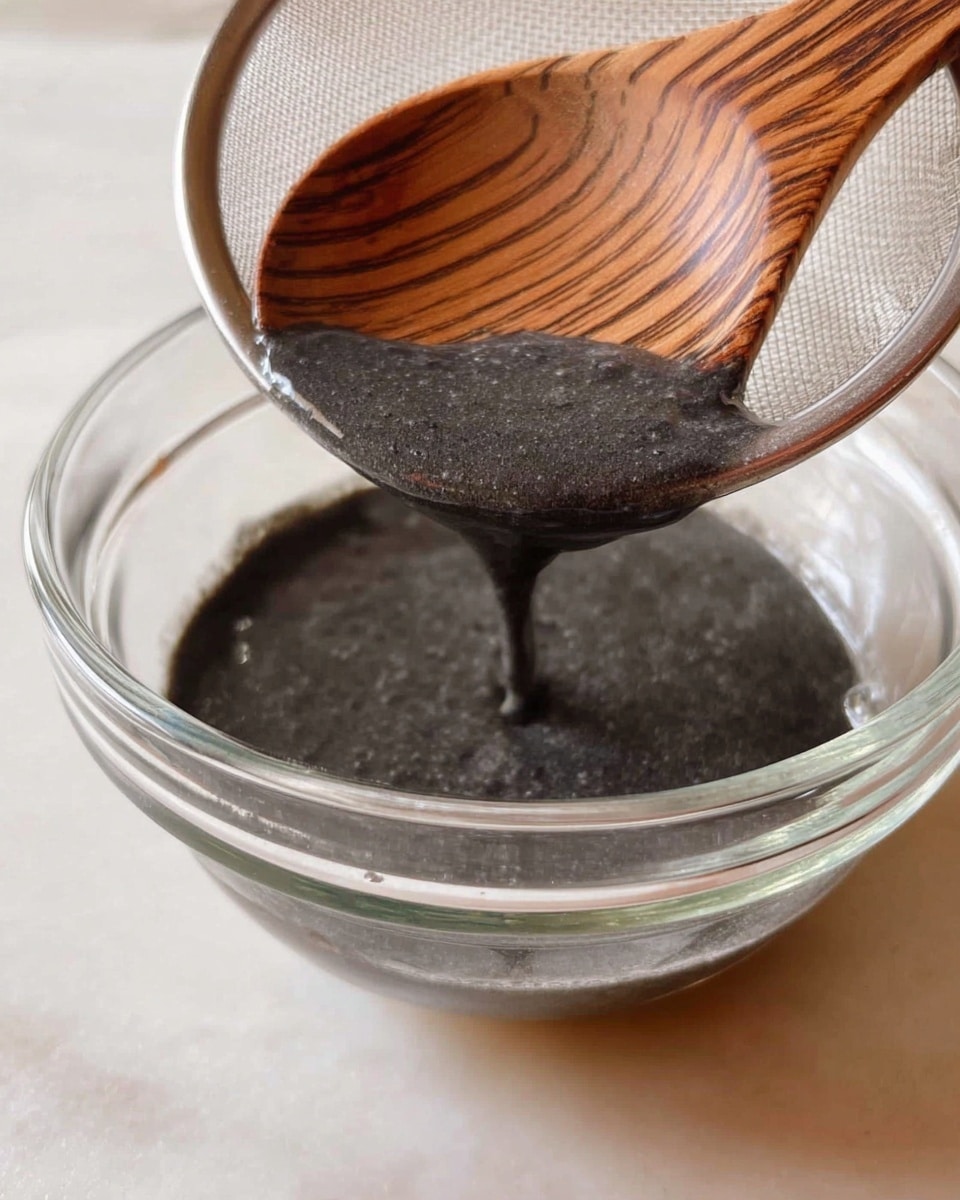 A close-up image shows a fine metal sieve held above a clear glass bowl. The sieve contains a smooth, dark grey liquid with a thick texture being stirred by a wooden spoon with visible grain patterns, positioned towards the right. The dark grey liquid slowly drips through the sieve into the bowl below, which has some of the same thick liquid settled at the bottom. The scene is set against a white marbled surface, with a warm tone visible beneath the transparent bowl. The overall focus highlights the process of straining the dark liquid. photo taken with an iphone --ar 4:5 --v 7