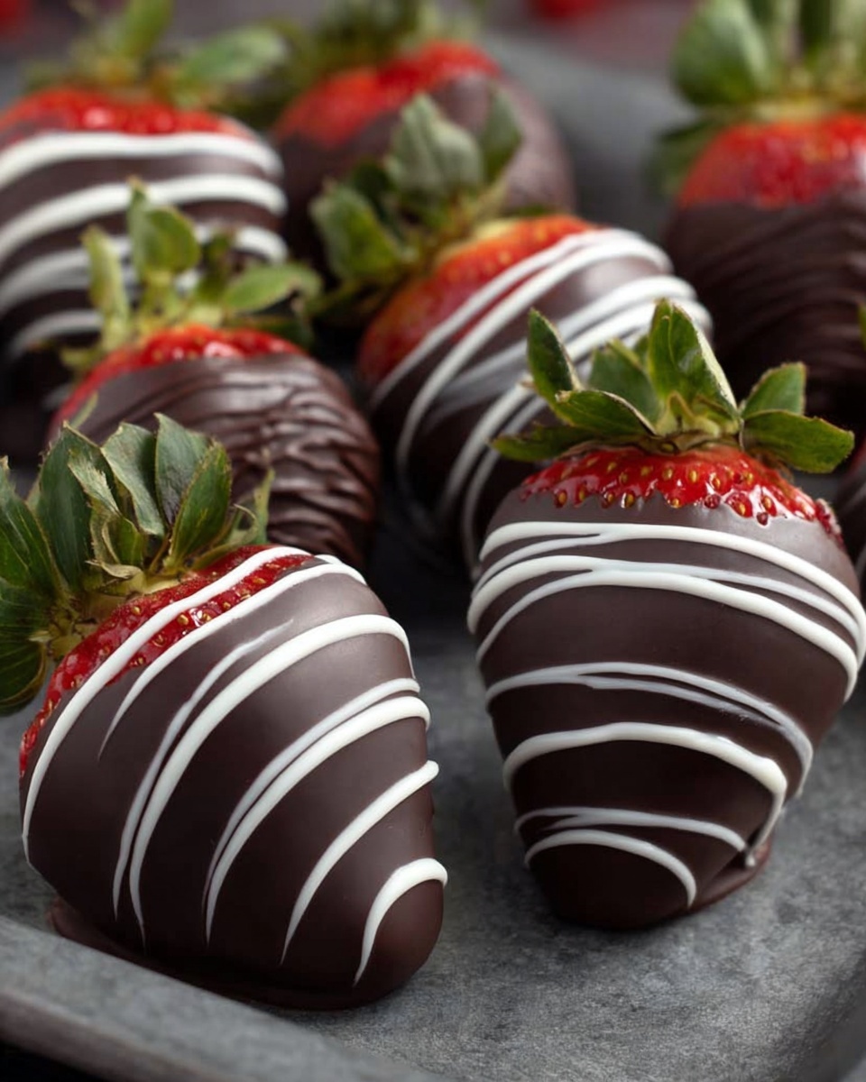 The image shows several strawberries covered in smooth dark chocolate, some decorated with white chocolate lines on top. Each strawberry has a bright green leafy top, with the red fruit partly visible beneath the chocolate. The strawberries are arranged on a dark gray tray with a soft matte texture. The overall look is neat and inviting, focusing on the contrast between the shiny dark chocolate, the red fruit, and the white chocolate drizzles. Photo taken with an iphone --ar 4:5 --v 7