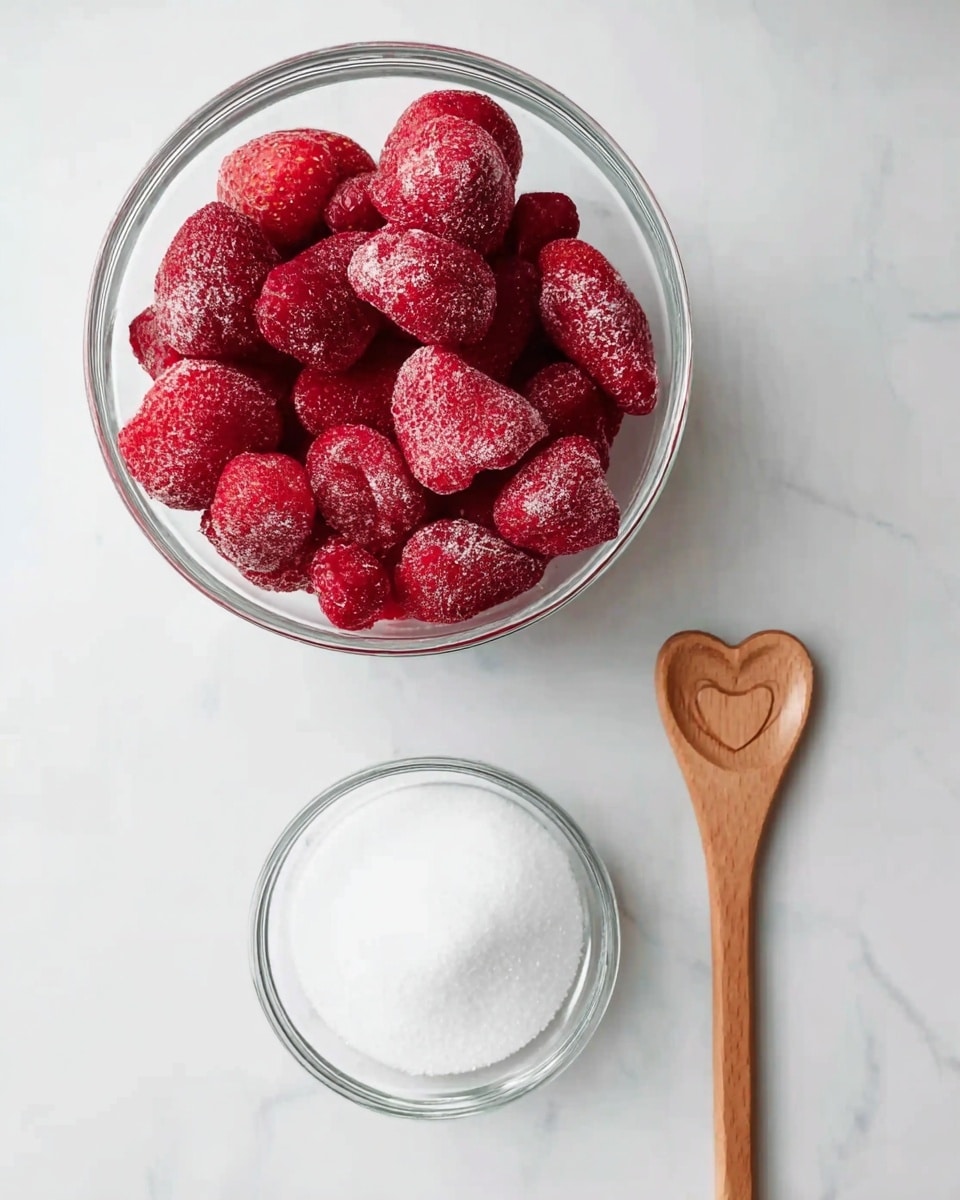 A top view of two clear glass bowls placed on a white marbled texture. The larger bowl is filled with bright red frozen strawberries covered in a layer of frost, showing different shapes and sizes of the berries. The smaller bowl contains fine white sugar, evenly filled to the rim. Beside the bowls lies a small wooden spoon with a heart shape cut out in the center. The overall scene is simple and clean with a fresh look. photo taken with an iphone --ar 4:5 --v 7