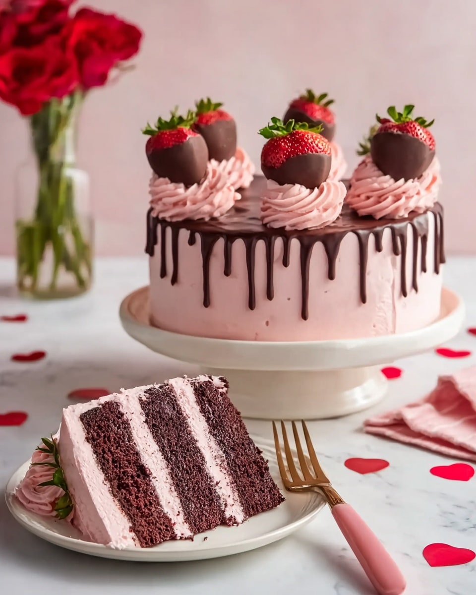 The image shows a whole chocolate cake covered with smooth pink frosting, sitting on a white cake stand. The top edge of the cake has dark chocolate drips flowing down the sides, and it is decorated with swirls of the same pink frosting and several chocolate-covered strawberries with green leaves on top. In front of the cake, there is a white plate holding a three-layer slice of the cake, each dark chocolate layer separated by thick pink frosting. A chocolate-covered strawberry rests on top of the slice. A pink and gold fork lies beside the plate on a white marbled surface, which is scattered with small red heart-shaped confetti. In the background, there is a vase with red roses. Photo taken with an iphone --ar 4:5 --v 7