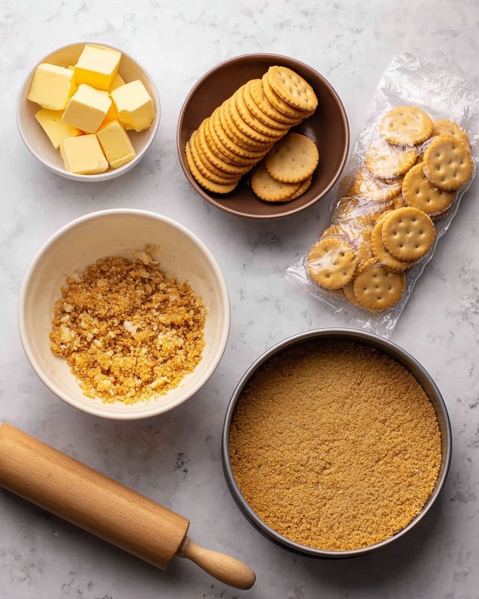 The image shows four parts of a biscuit crust preparation on a white marbled surface. Top left, there is a small white bowl with yellow butter cubes next to a brown bowl filled with stacked golden cream-filled round biscuits. Top right shows a clear plastic bag with several golden round biscuits inside and a wooden rolling pin beside it. Bottom left displays crushed biscuit crumbs mixed with butter in a white mixing bowl with a handle. Bottom right features a round metal springform pan filled evenly with the pressed crumb mixture, forming the crust base. photo taken with an iphone --ar 4:5 --v 7