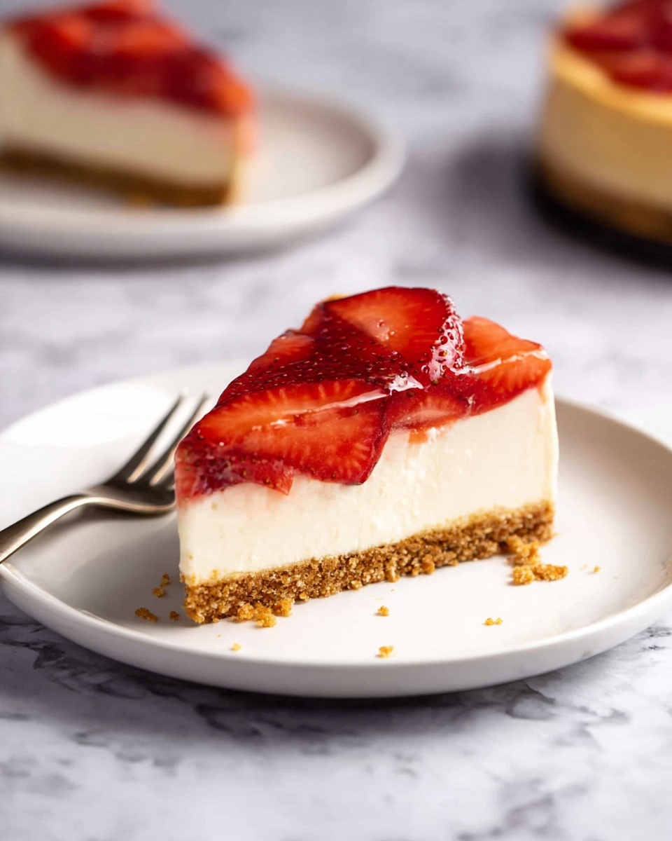 A slice of cheesecake on a white plate with a crumbly brown base layer, a thick creamy white middle layer, and a shiny clear jelly top layer with bright red strawberry slices embedded inside. The plate is set on a white marbled surface with a fork beside it, and another slice of the same cheesecake is visible blurred in the background. photo taken with an iphone --ar 4:5 --v 7
