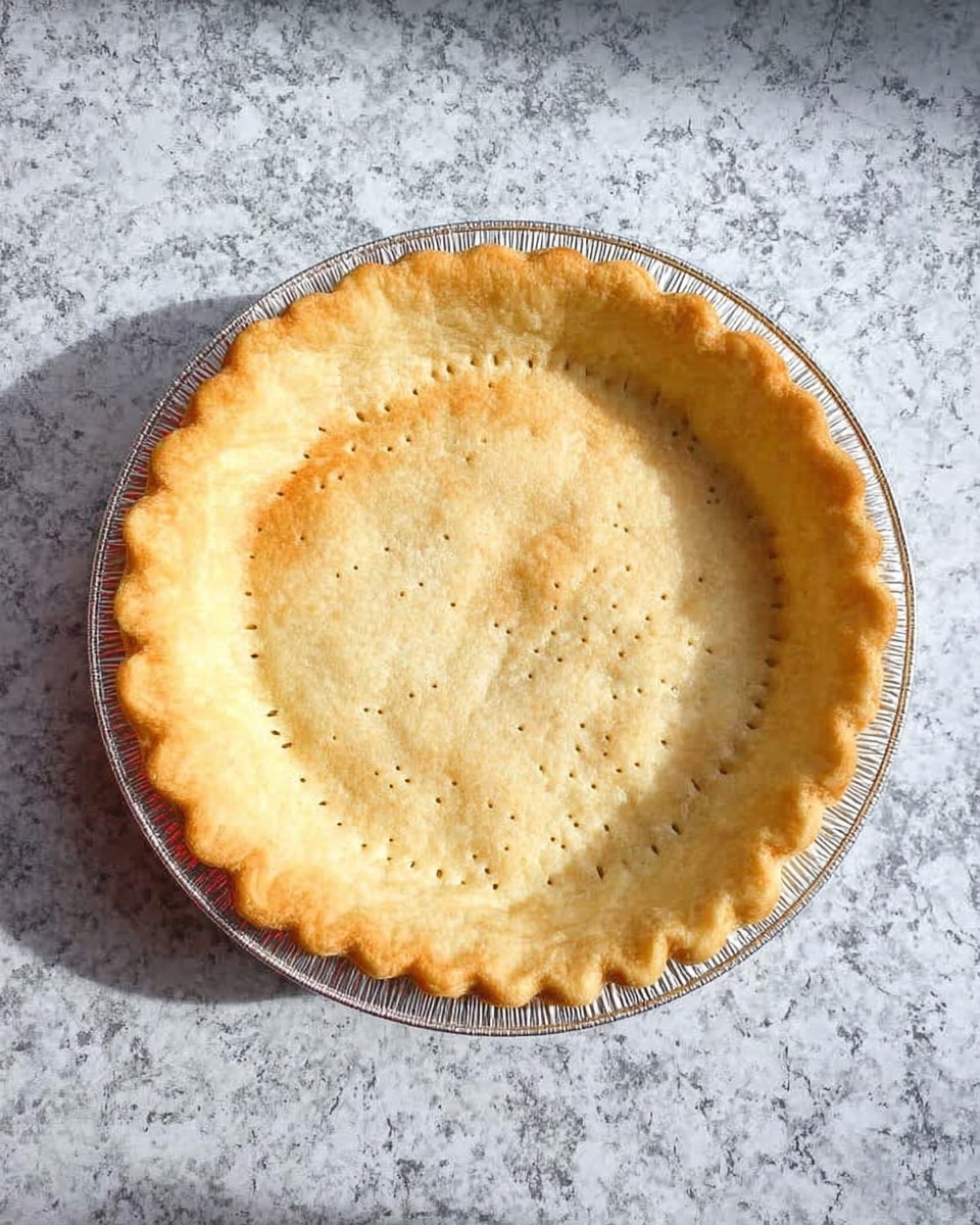 A top view of a single empty pie crust in a silver pie pan, with a light golden color baked crust that has a slightly crimped edge, small holes pricked in a grid pattern on the base, sitting on a white marbled textured surface photo taken with an iphone --ar 4:5 --v 7