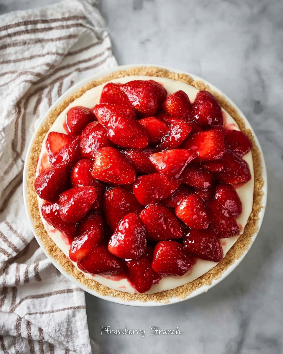 A fresh strawberry pie with three layers is shown from above. The bottom layer is a light golden crust with a slightly crumbly texture that fills a round white plate. The middle layer is smooth, pale cream filling covering the crust evenly. The top layer is made of shiny, bright red strawberries, some whole and others halved, coated in a glossy glaze that makes them look wet and fresh. The pie sits on a white marbled surface, next to a white cloth with thin brown stripes photo taken with an iphone --ar 4:5 --v 7