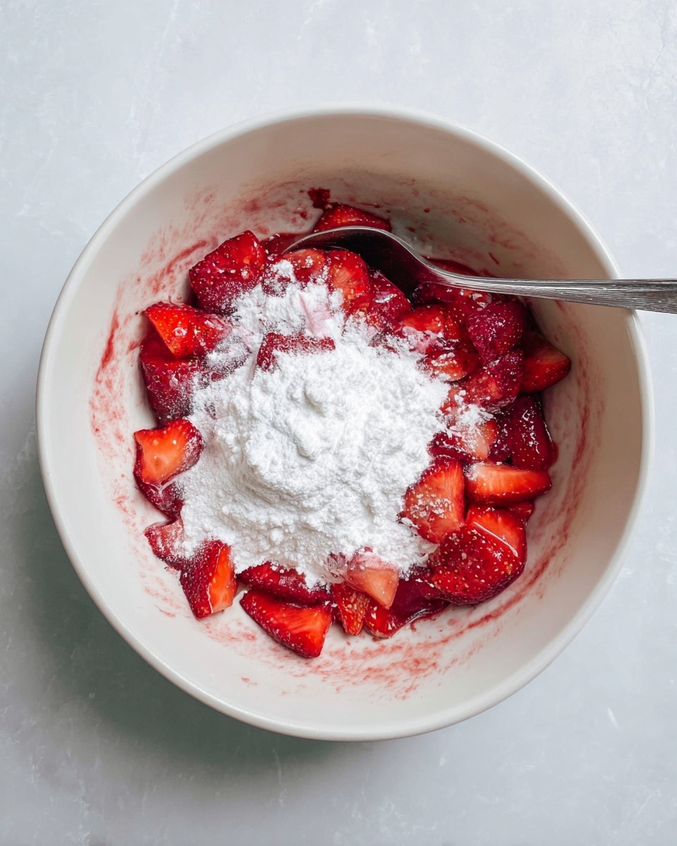Inside a white bowl on a white marbled surface, there are bright red sliced strawberries forming the first layer. The strawberries are topped with a thick layer of white powdered sugar, which covers most of the strawberries in the center. A silver spoon rests on the side of the bowl, partially submerged in the fruit and sugar mix. The bowl has some light red juice stains on its inner sides from the strawberries. Photo taken with an iphone --ar 4:5 --v 7
