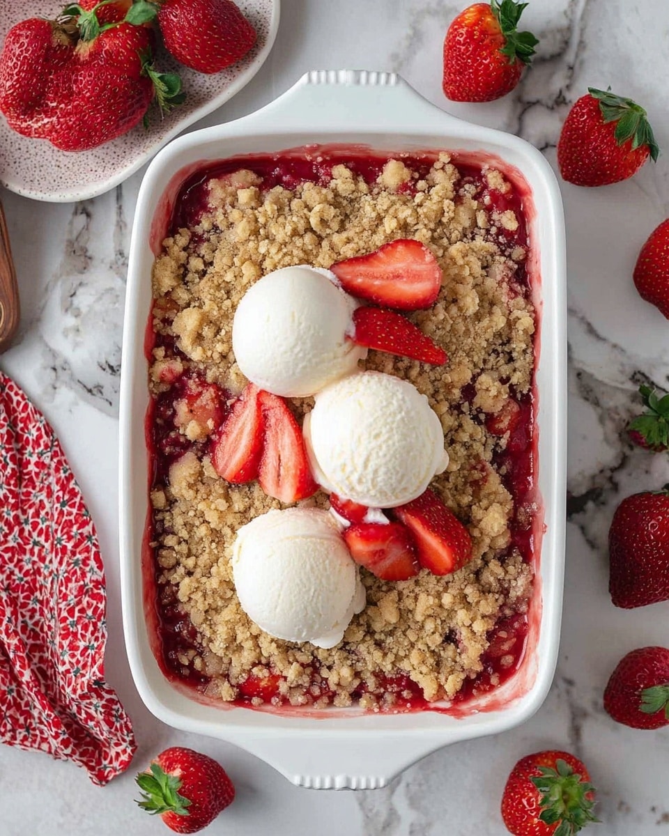 A white baking dish filled with a three-layer dessert: the bottom layer is bright red strawberry filling with juicy strawberries visible along the edges; the middle layer is a crumbly, light brown streusel topping covering most of the surface; the top layer features three round scoops of creamy white vanilla ice cream placed in the center. Fresh halved strawberries with green leaves are scattered on top, mostly near the edges. The dish sits on a white marbled surface with whole and halved strawberries around it, and a red strawberry patterned cloth is visible on the left side. Photo taken with an iphone --ar 4:5 --v 7