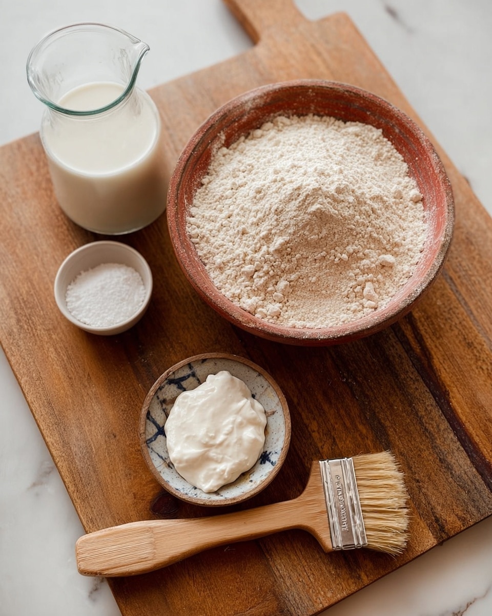 The image shows a wooden board with a large bowl full of light beige flour, a small white plate holding a thick white cream-like substance, and a tiny white bowl with white powder. There is also a clear glass pitcher filled with milk on the left side, and a natural-colored brush with bristles placed at the bottom of the board. The background is a white marbled surface. photo taken with an iphone --ar 4:5 --v 7