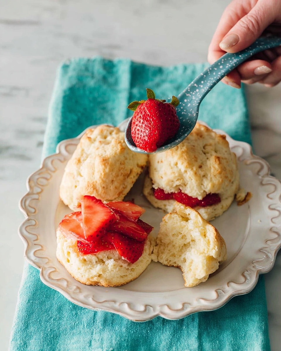 A white plate with a decorative edge holds four light golden, fluffy biscuits. Two biscuits are split open and topped with bright red sliced strawberries on the bottom halves, showing soft, crumbly biscuit texture. One biscuit is whole in the back, and another broken piece is in the front. A woman's hand is holding the top half of one biscuit while another woman's hand uses a blue spoon with a white speckled pattern to scoop more strawberries onto the biscuit. The plate is placed on a teal cloth over a white marbled surface. photo taken with an iphone --ar 4:5 --v 7