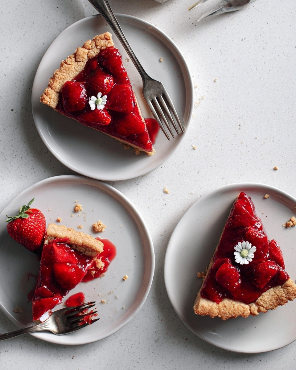 The image shows three white plates on a white marbled surface, each holding a slice of strawberry tart. Each tart slice has a golden-brown crust with a rough, crumbly texture on the outer edge, topped with a layer of shiny, red strawberry filling that looks juicy and thick. The top tart slice is whole and placed near a silver fork angled to the right, with a few small crumbs around it. The middle plate has a slice topped with a small white flower, and a silver fork rests above the slice. The bottom plate shows a smaller piece of tart with a bright red strawberry on a fork next to it, with some strawberry juice spreading slightly on the plate. photo taken with an iphone --ar 4:5 --v 7