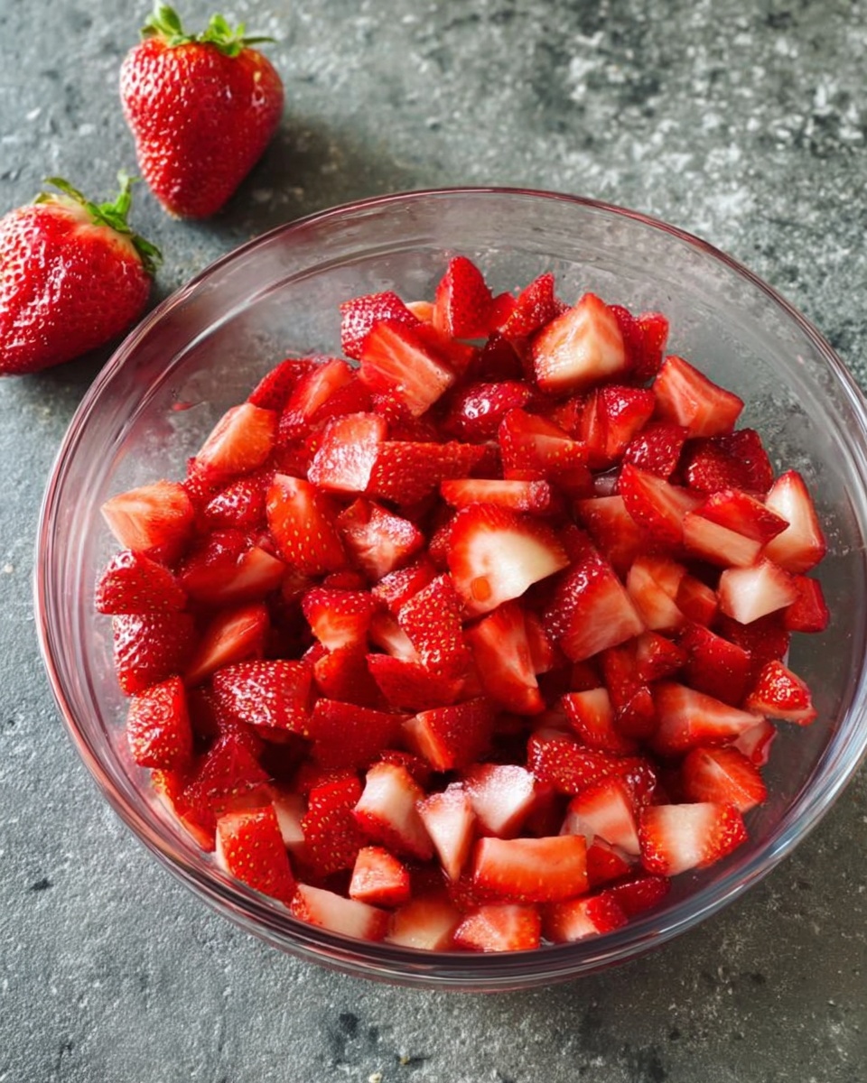 A clear glass bowl filled with a single layer of chopped bright red strawberries, showing their juicy texture with some pieces having white inner parts visible. The bowl sits on a gray stone surface with three whole strawberries nearby on the top left. The strawberries are unevenly cut with varying chunk sizes, filling the bowl fully. Photo taken with an iphone --ar 4:5 --v 7