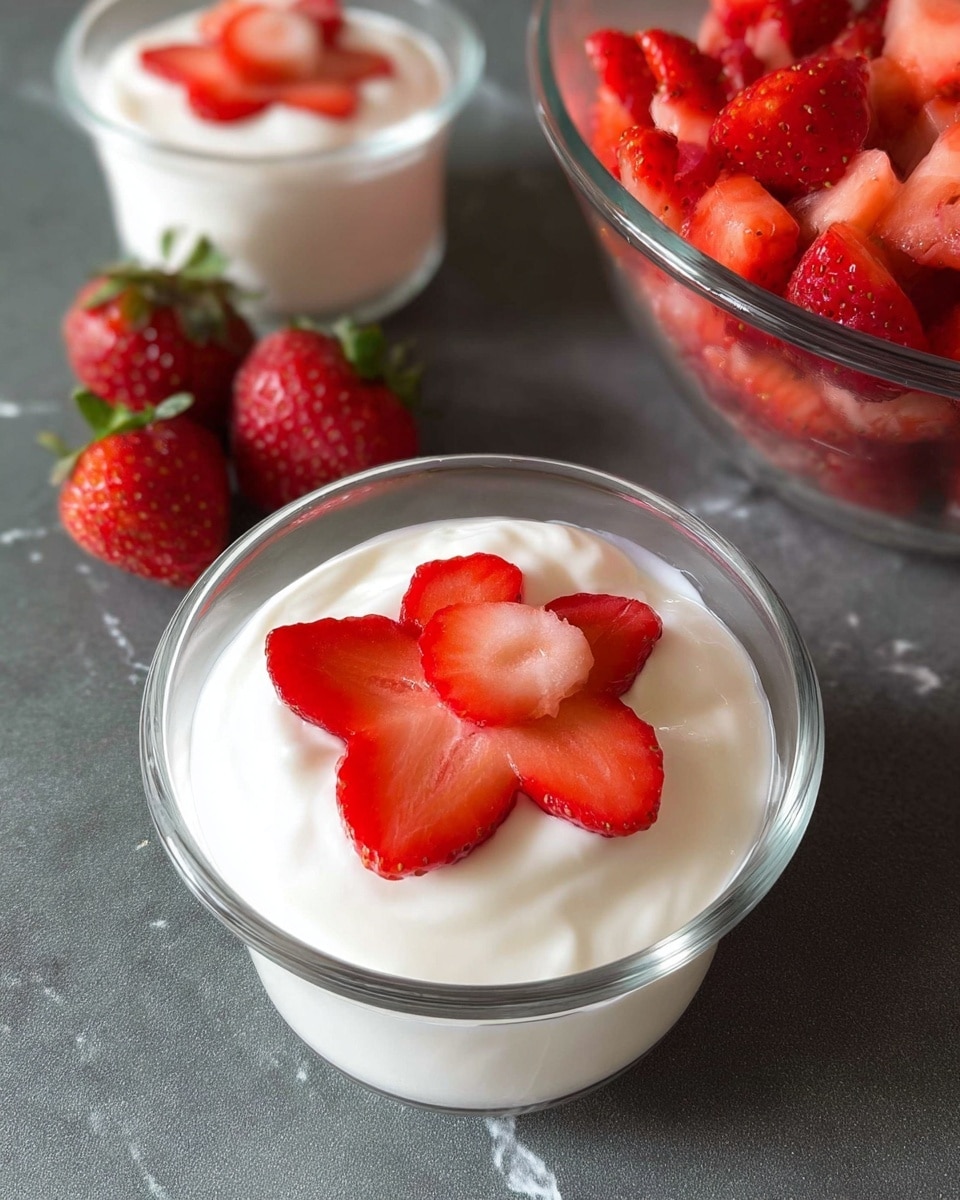A shiny metal bowl holds two layers: the bottom layer is smooth, white cream filling most of the bowl’s base, and the top layer consists of bright red, fresh strawberry pieces scattered evenly over the cream. The bowl sits on a white marbled surface, with a subtle shine reflecting softly from the metal. photo taken with an iphone --ar 4:5 --v 7