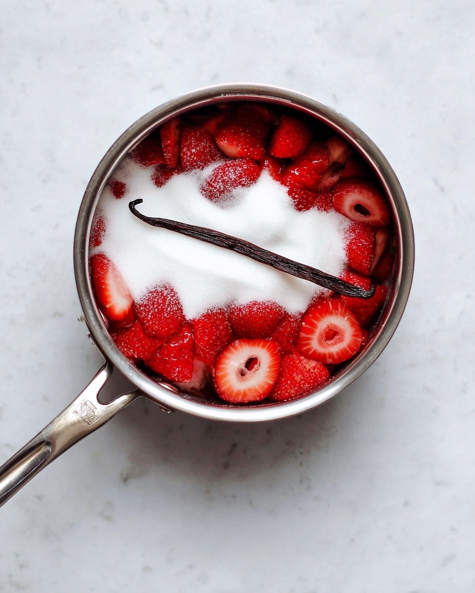 A silver saucepan filled with bright red sliced and whole strawberries forms the base layer. On top, there is a white layer of granulated sugar spread unevenly over the strawberries. Lying across the sugar is a single dark brown vanilla bean pod. The saucepan rests on a white marbled surface. Photo taken with an iphone --ar 4:5 --v 7