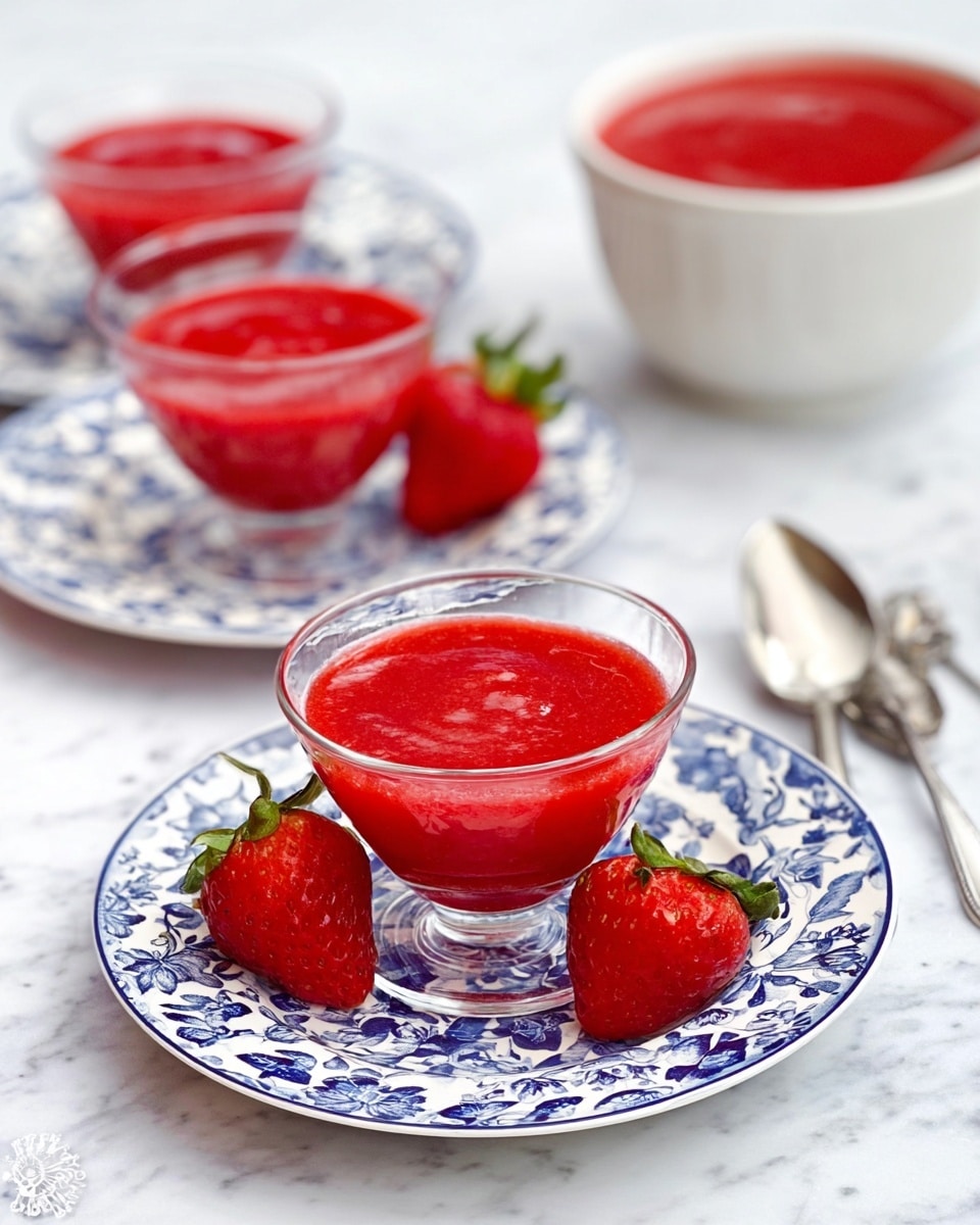The image shows three clear glass dessert cups filled with a bright red, smooth strawberry sauce placed on a round white plate with a blue floral pattern. Around the cups, there are three whole fresh strawberries with green tops. In the background, there is a white bowl also filled with the same red strawberry sauce and a silver spoon resting nearby. The setting is on a white marbled surface, giving a clean and fresh look. photo taken with an iphone --ar 4:5 --v 7