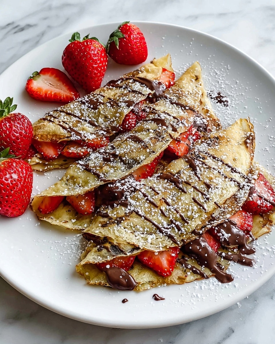 The image shows thin golden brown crepes folded into small triangles, layered with a thick, smooth dark chocolate spread inside, and fresh whole red strawberries peeking out from the folds. The crepes have a slightly crispy texture with darker spots, and they are lightly dusted with white powdered sugar on top. There are additional whole and sliced strawberries placed around the crepes on a white plate, all set on a white marbled surface. The scene is bright and inviting, highlighting the contrast between the warm crepes, rich chocolate, and juicy strawberries photo taken with an iphone --ar 4:5 --v 7