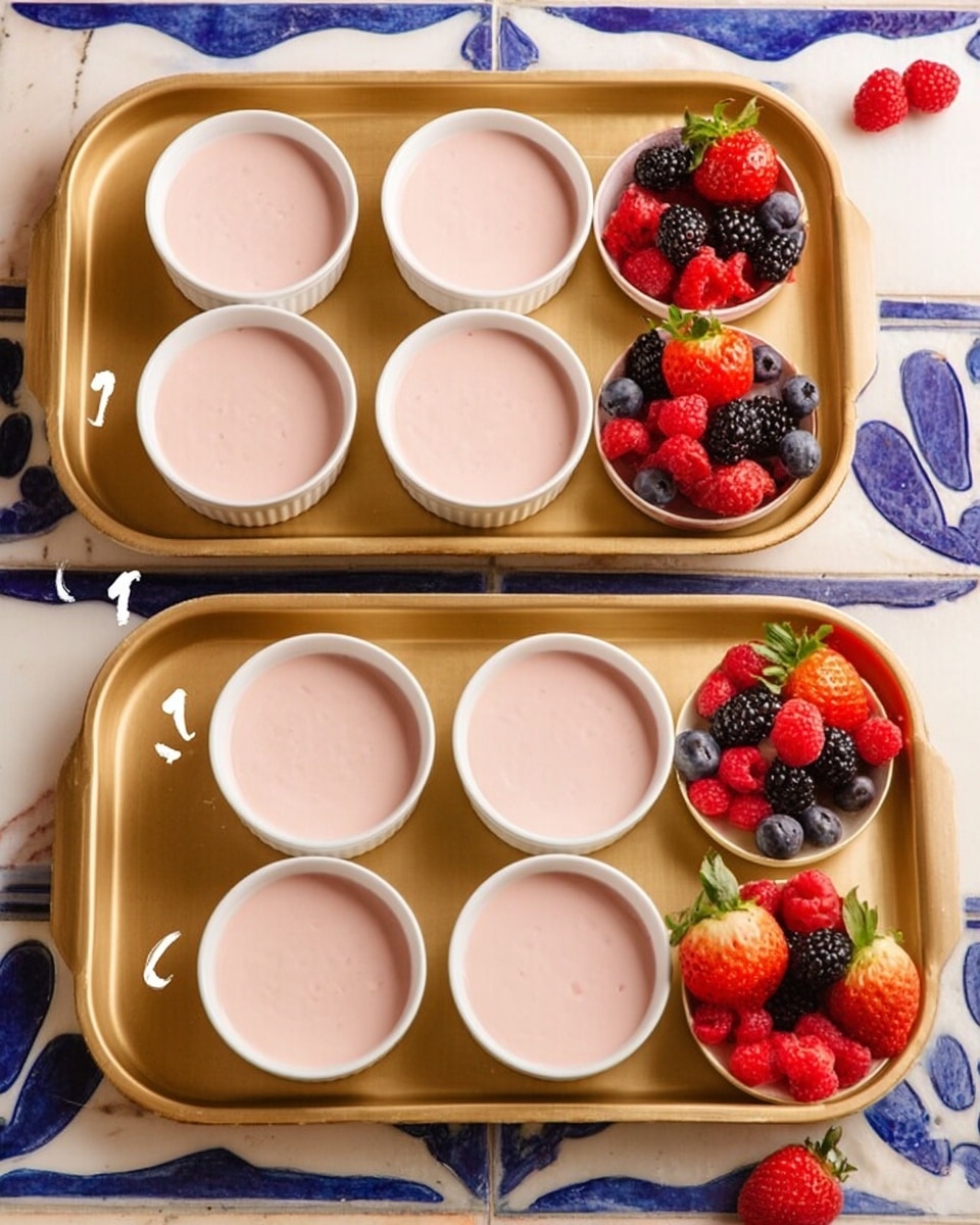 The image shows two gold trays placed on a white marbled surface with blue tile patterns around. The left tray holds five white round ramekins filled with a smooth, pale pink pudding, each evenly filled and without toppings. The right tray has the same five white ramekins with the same pink pudding base, but each is topped with fresh mixed berries, including halved strawberries, blackberries, and raspberries, arranged on top and around the rims of the ramekins. Some extra berries are also scattered on the tray. photo taken with an iphone --ar 4:5 --v 7