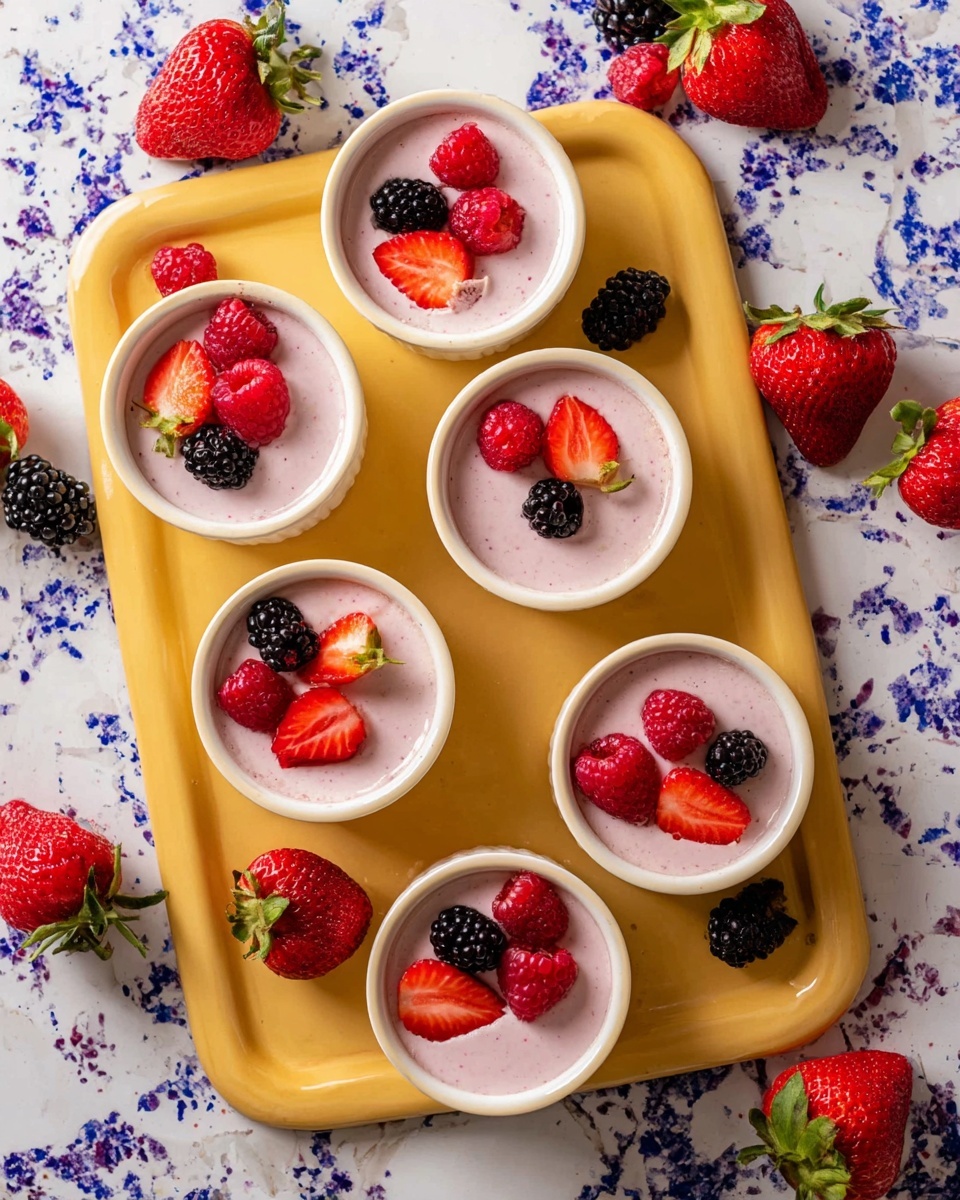 The image shows six small white ramekins filled with light pink creamy dessert, placed on a yellow tray. Each ramekin is topped with a mix of fresh berries, including whole and halved strawberries, blackberries, and raspberries, adding bright red and deep purple colors. Around the tray and on the white marbled surface with blue patterns, more fresh strawberries, blackberries, and raspberries are scattered. The overall look is fresh and colorful with a smooth texture of the dessert contrasting with the textured berries. Photo taken with an iphone --ar 4:5 --v 7