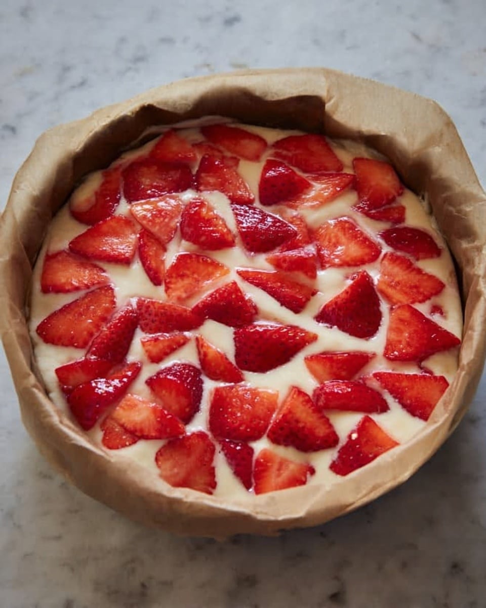 The image shows a round baking pan lined with brown parchment paper filled with a creamy white batter layer spread evenly, topped with sliced bright red strawberries arranged all over the surface. The strawberries have glossy, smooth textures and are cut into small triangular shapes, contrasting with the soft, thick cream layer underneath. The pan rests on a white marbled surface. photo taken with an iphone --ar 4:5 --v 7