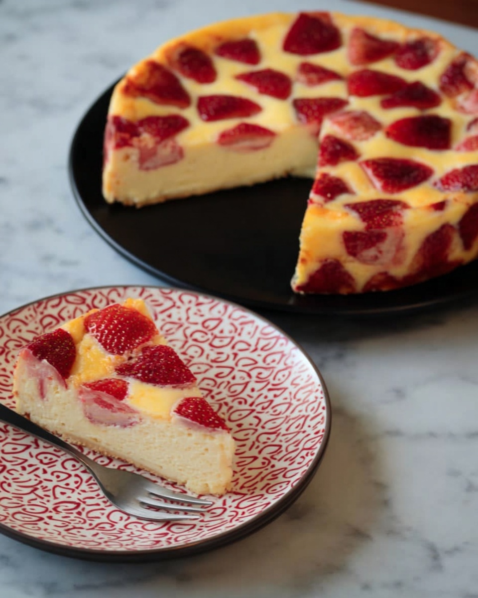 A round baked dessert on a white plate, featuring a golden-yellow creamy base with a slightly browned rim. The top is covered with irregular, thick pieces of red fruit scattered evenly, creating a textured and colorful pattern. The edges of the dessert have a browned, slightly crispy look. The background is a white marbled surface. photo taken with an iphone --ar 4:5 --v 7