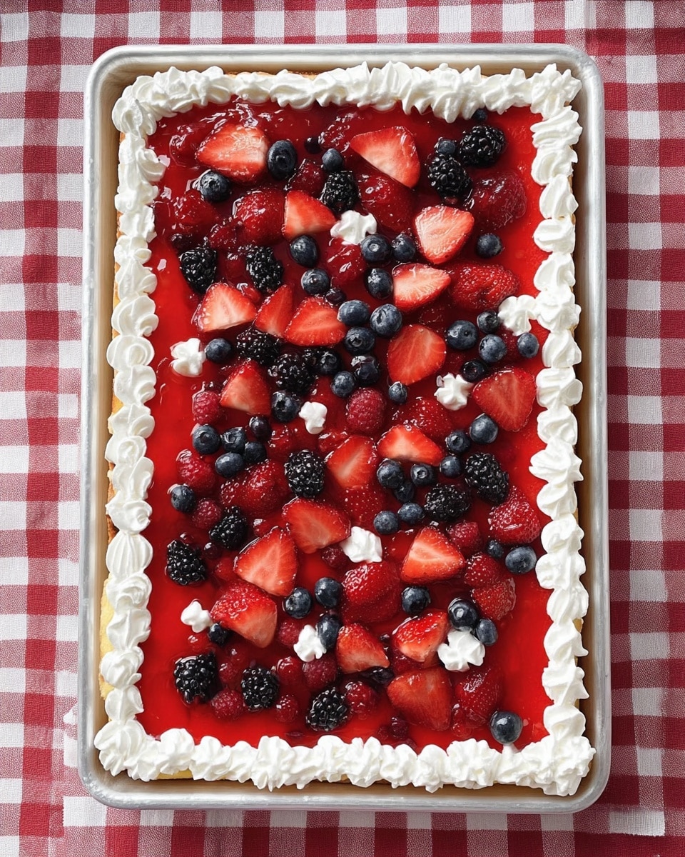 A rectangular dessert in a baking tray with four layers: the bottom layer is a light golden cake base; the second layer is a smooth, bright red jelly that covers the cake; the third layer is a mix of fresh berries including halved strawberries, whole blueberries, and blackberries spread evenly over the jelly; the top layer is white whipped cream piped around the edge of the tray and small dollops scattered on the berries. The tray is placed on a white marbled surface with a red and white checkered cloth beneath it photo taken with an iphone --ar 4:5 --v 7