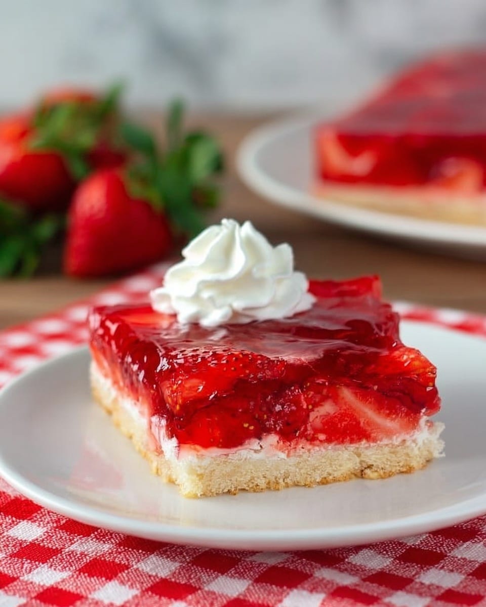 A slice of strawberry dessert with three visible layers sits on a white plate. The bottom layer is light beige with a soft, cake-like texture. Above it is a thick, glossy red layer made of strawberry jelly with pieces of fresh strawberries embedded inside, giving a shiny and juicy look. On top of the strawberry layer is a single dollop of white whipped cream with soft peaks. The plate rests on a red and white checkered cloth, and the background features a few fresh strawberries and green leaves on a white marbled surface. photo taken with an iphone --ar 4:5 --v 7