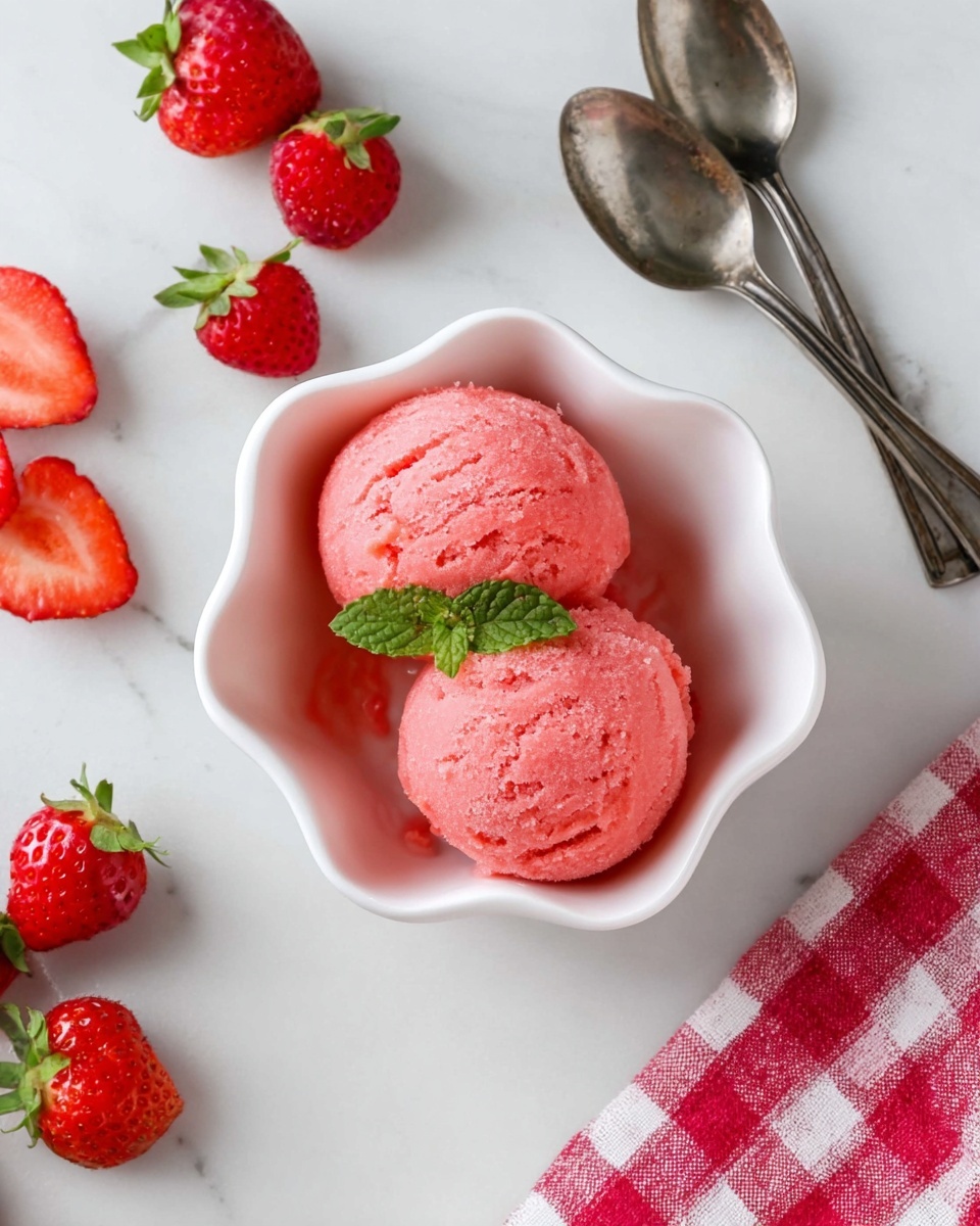 The image shows a white bowl with three bright red scoops of strawberry sorbet, each scoop smooth and round with a slightly icy texture. A small green mint leaf sits on top of the sorbet, adding a fresh contrast. A woman's hand is holding a silver spoon, dipping it into the middle scoop. Around the bowl on a white marbled surface are a few whole and sliced strawberries, and a soft red and white checkered cloth is partially visible. In the background, there is another white bowl with sorbet and a metal container. The setting is clean and bright with a white tiled wall behind. photo taken with an iphone --ar 4:5 --v 7