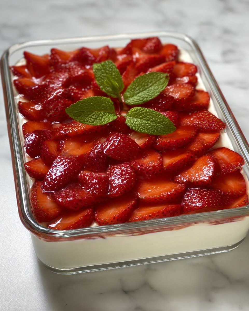 The image shows a clear glass rectangular dish with a dessert inside, placed on a white marbled surface. The dessert has two visible layers: the bottom layer is a smooth, creamy white base, and the top layer is covered with thin, evenly spread slices of bright red strawberries. In the center on top of the strawberries, there are three fresh green mint leaves arranged together as garnish. The strawberries are glossy and vibrant, contrasting with the creamy white layer beneath them. photo taken with an iphone --ar 4:5 --v 7