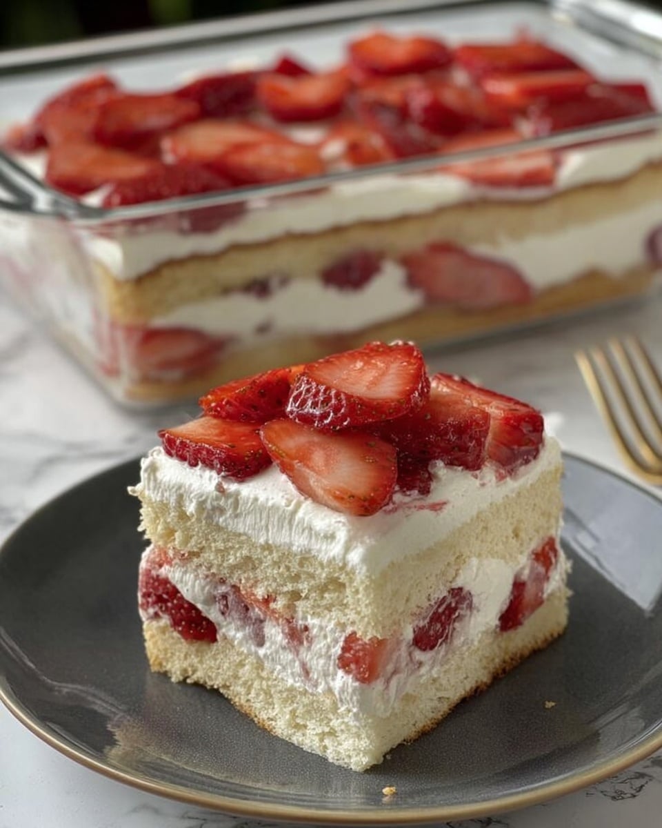 The image shows a piece of strawberry dessert on a dark gray plate with a white marbled surface underneath. The dessert has three layers: the bottom layer is made of light beige soft cake, followed by a middle layer of white cream with pieces of fresh red strawberries. Above this is another layer of light beige cake, topped with a thick white cream layer. The topmost layer consists of thinly sliced strawberries arranged closely together. In the background, there is a transparent rectangular glass container filled with the same dessert, showing clear layers and topped with sliced strawberries. Photo taken with an iphone --ar 4:5 --v 7