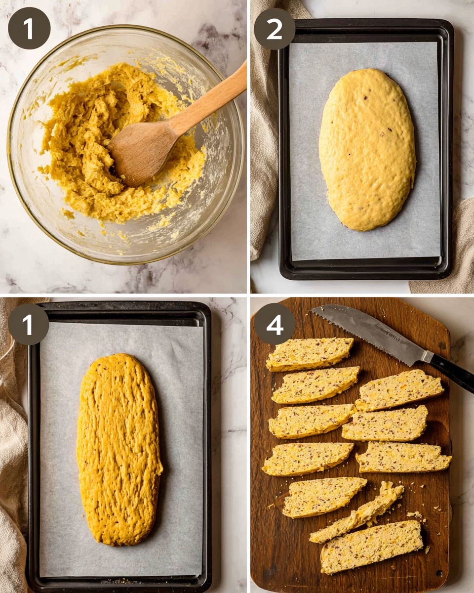 Four images show the process of making biscotti arranged in a 2x2 grid on a white marbled surface with a white cloth. The top-left image shows a glass mixing bowl with thick yellowish dough mixed with visible small darker bits and a wooden spoon stirring it. The top-right image has an uncooked dough shaped as an oval, flattened on a white parchment paper-lined black baking tray. The bottom-left image shows the dough baked into a golden-brown oval loaf on the same tray with a serrated knife placed diagonally beside it. The bottom-right image has biscuit slices arranged on a wooden board and a black tray, showing their golden top layer and a light interior with speckles. photo taken with an iphone --ar 4:5 --v 7