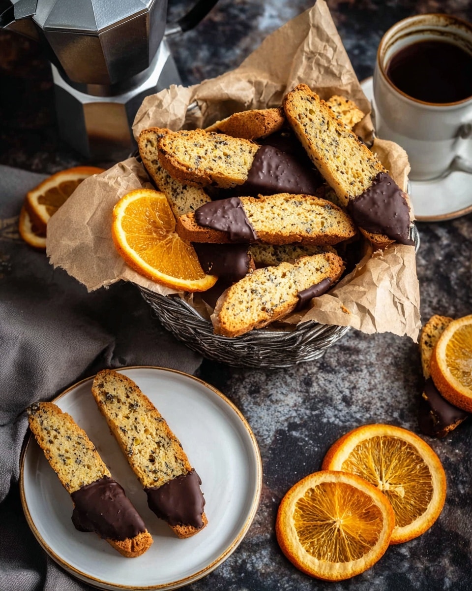 A basket lined with light brown parchment paper holds a pile of long, narrow biscotti, each partially dipped in dark chocolate on one end. The biscotti are golden brown with a crunchy texture, speckled with seeds or nuts. Around and inside the basket, there are thin, round slices of dried orange, bright and slightly translucent with a rich orange color. On a small white plate nearby, one biscotti with chocolate dipped end sits next to two dried orange slices. The scene is set on a dark textured surface with a white marbled background partly visible. A cup filled with dark coffee and a metallic coffee pot are also part of the setting, while a woman's hand is just out of frame, suggesting an inviting snack moment. Photo taken with an iphone --ar 4:5 --v 7