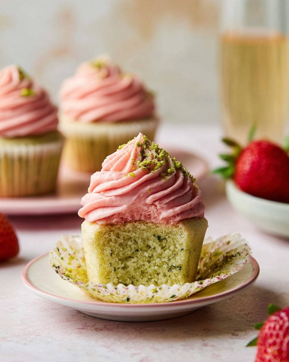 A close-up image shows a single cupcake on a small white plate with a pink rim, set on a white marbled surface. The cupcake has two layers: the bottom layer is a light green cake speckled with small green bits, and the top layer is a swirl of thick pink frosting sprinkled with tiny green crumbs. The cupcake wrapper is partially peeled down, revealing the texture of the cake. In the background, two more cupcakes with the same pink frosting sit on a white plate, slightly out of focus. Fresh strawberries and a glass of a light-colored drink are also visible, adding red and pale yellow tones to the scene. Photo taken with an iphone --ar 4:5 --v 7