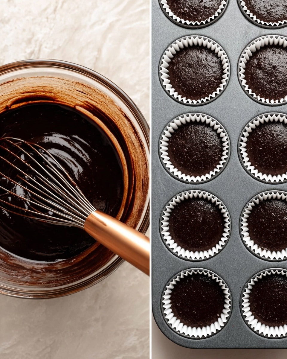 The left side shows a clear glass bowl with a dark, thick, slightly shiny chocolate batter inside, being mixed by a metal whisk with a copper-colored handle, resting on a white marbled surface. The right side shows a gray metal muffin tray filled with white paper liners, each liner filled with the dark chocolate batter, spread evenly but not yet baked, all placed flat on the same white marbled surface. photo taken with an iphone --ar 4:5 --v 7