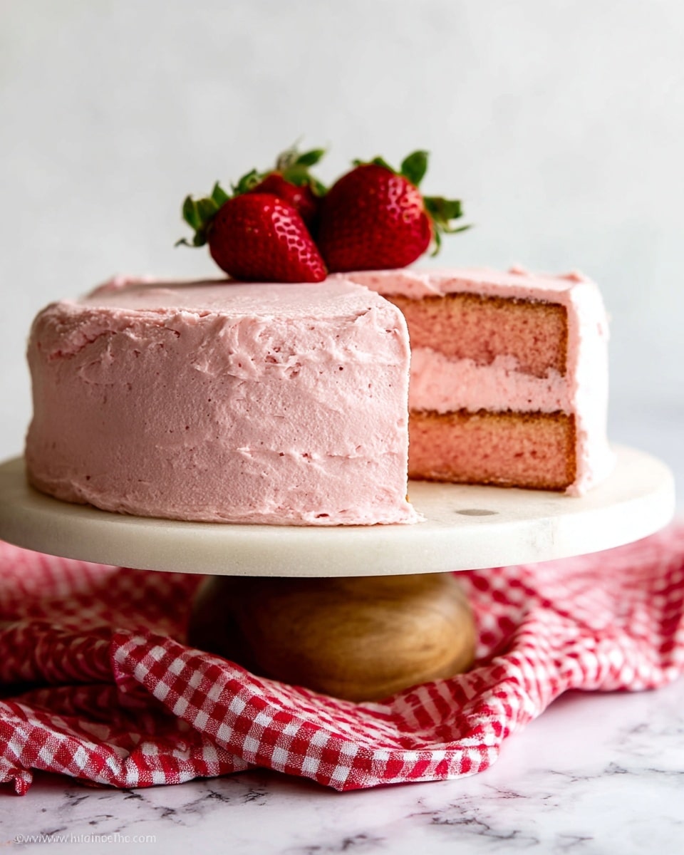 A two-layer pink cake sits on a round white marble cake stand with a wooden base, covered in smooth, light pink frosting that thickly coats the top and sides with a slightly whipped texture. The middle layer has a bright pink creamy filling visible between the two light pink sponge cake layers. Two fresh red strawberries with green leaves are placed on top of the cake as decoration. A red and white checkered cloth is gathered beneath the cake stand on a white marbled surface. Photo taken with an iphone --ar 4:5 --v 7