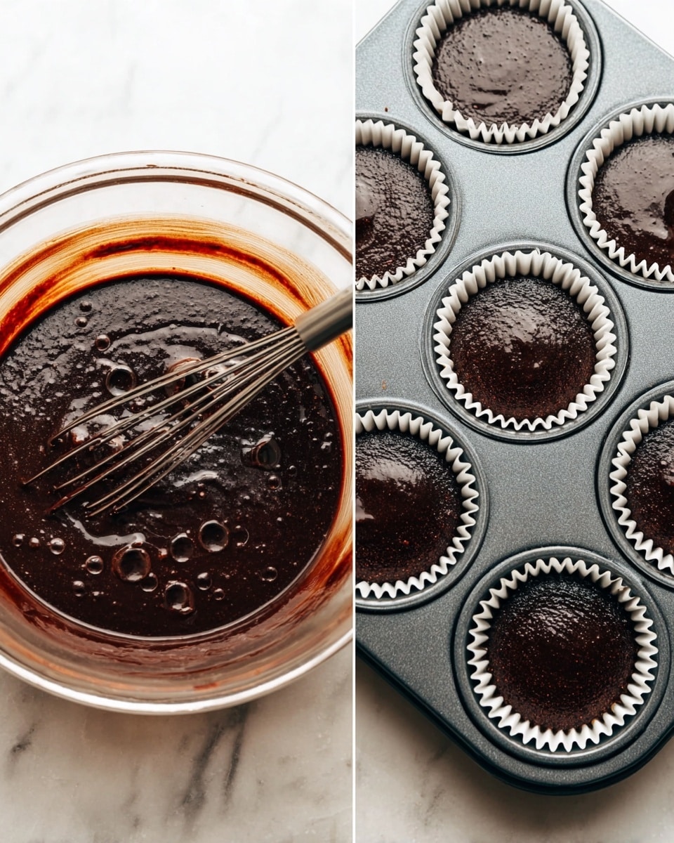 The image shows two parts: on the left, there is a clear glass bowl filled with smooth dark chocolate batter that has a shiny, thick texture with small bubbles on the surface, and a metal whisk resting inside, partly coated with the batter. On the right, there is a close-up of a gray metal muffin tray holding eight white paper cupcake liners, each filled about halfway with the same dark chocolate batter, with a glossy and wet look. Both items are placed on a white marbled surface. photo taken with an iphone --ar 4:5 --v 7